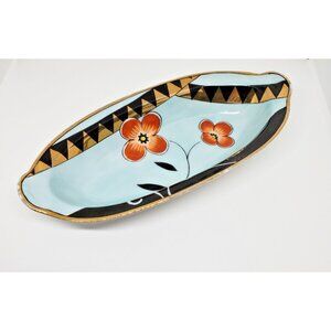Noritake Celery Dish Hand Painted Gold Rimmed Handles Orange Flowers 7 .5 in VTG